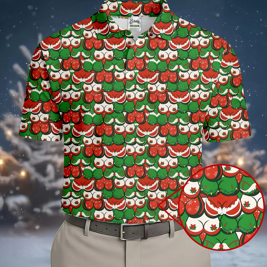 Funny Christmas Red And Green Men's Golf Polo Shirts, Christmas Golf Shirt, Cute Golf Outfit, Golf Gift For Men