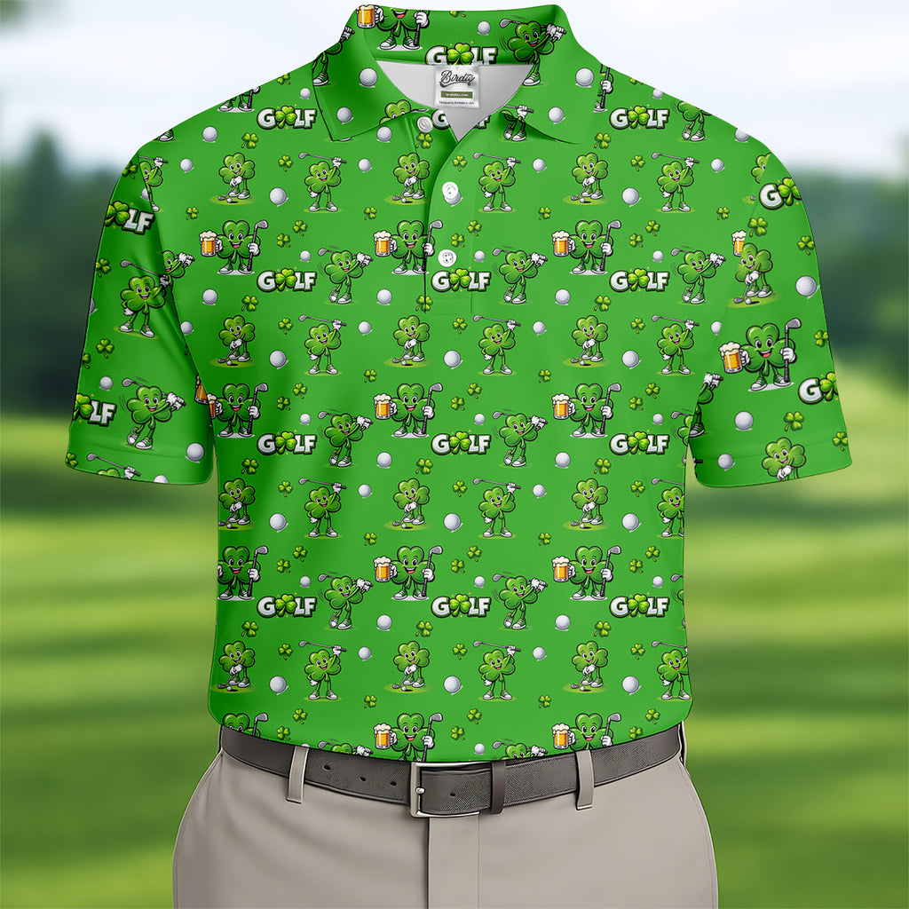 Three Leaf Clover Golf And Beer St Patrick's Day Green Golf Shirt, Fun Golf Shirts For Men, Polo Shirts For Men