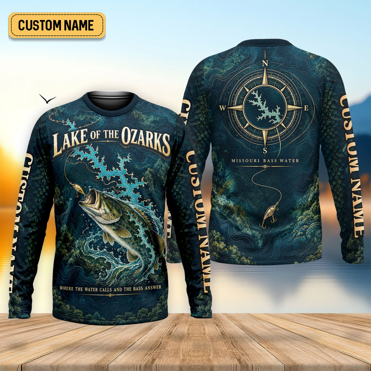 Custom Lake Of The Ozarks Bass Map UPF Shirt, Long Sleeve Fishing Shirt, Mens Fishing Tee