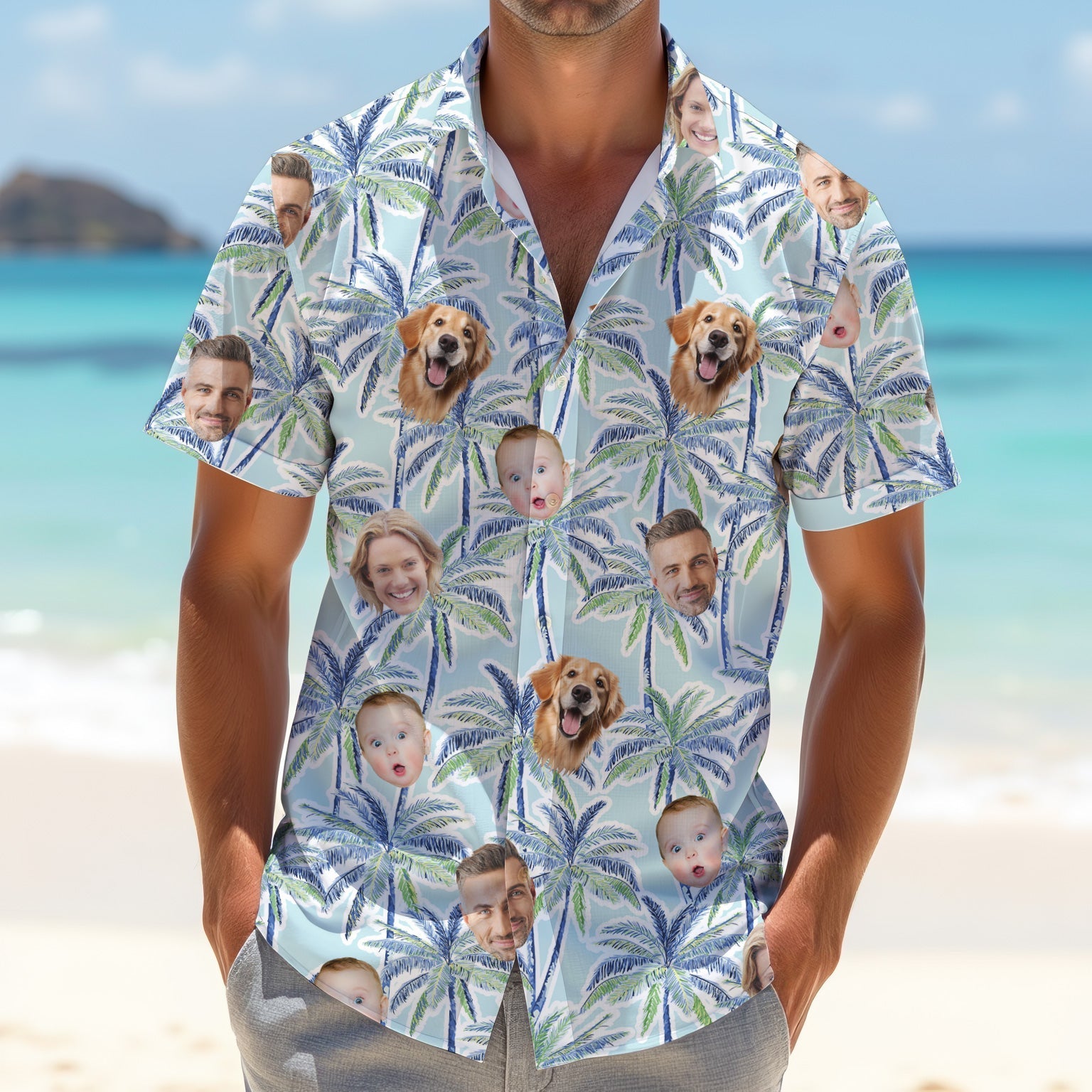Vintage Aloha Shirts, Men Palm Tree Shirt, Men Golf Polo, Custom Hawaiian Shirt With Face, Tropical Beach