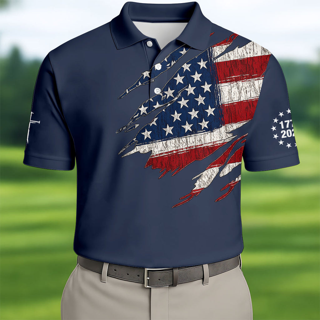 250th Anniversary Faith Cross Distressed USA Flag 4th Of July Golf Shirt, Patriotic Golf Shirt, Polo For Men