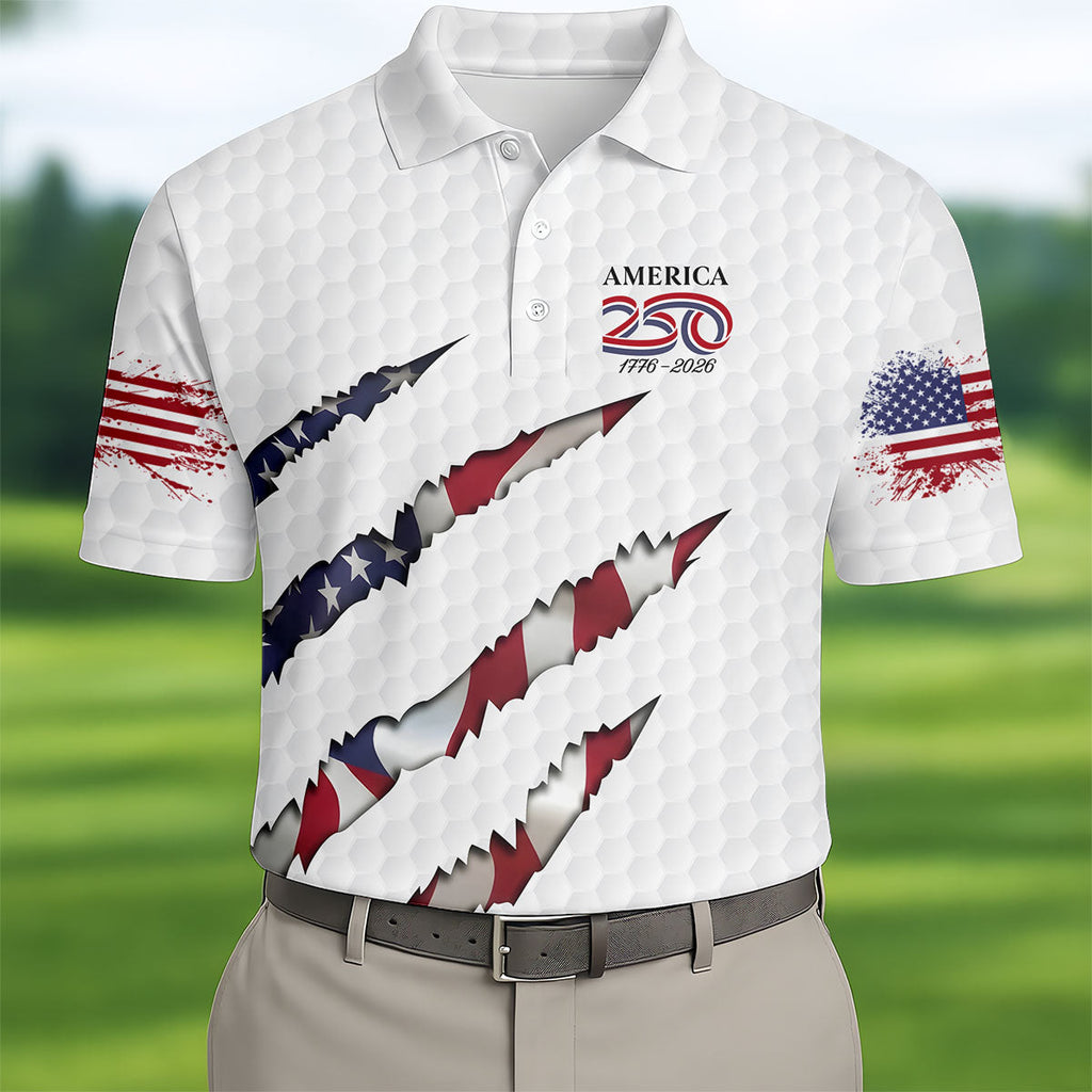 America 250 1776-2026 Scratched Flag Golf Ball Pattern White Golf Shirt, Patriotic 4th Of July Golf Shirts For Men