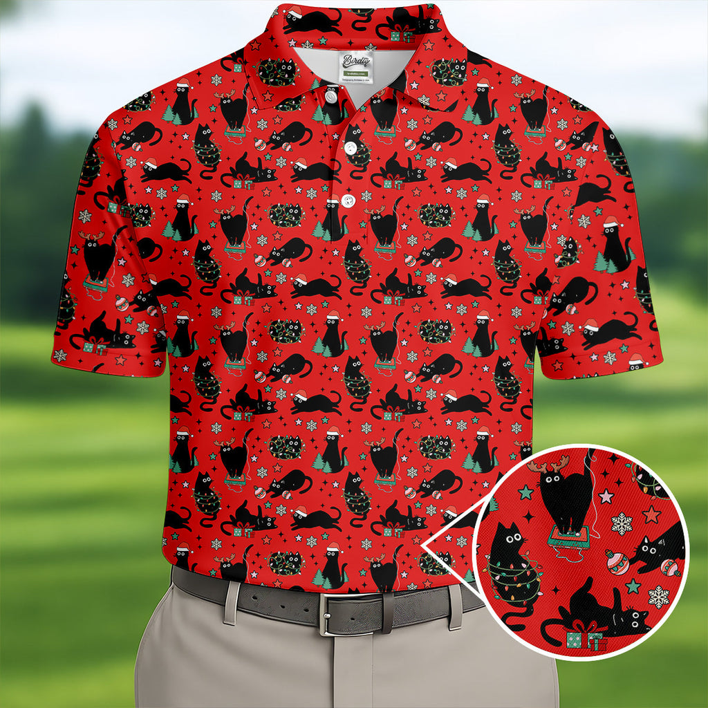 Xmas Black Cat Red Golf Shirt, Polo Shirts For Men, Christmas Golf Shirt, Golf Gift For Men, Christmas Golf Gift