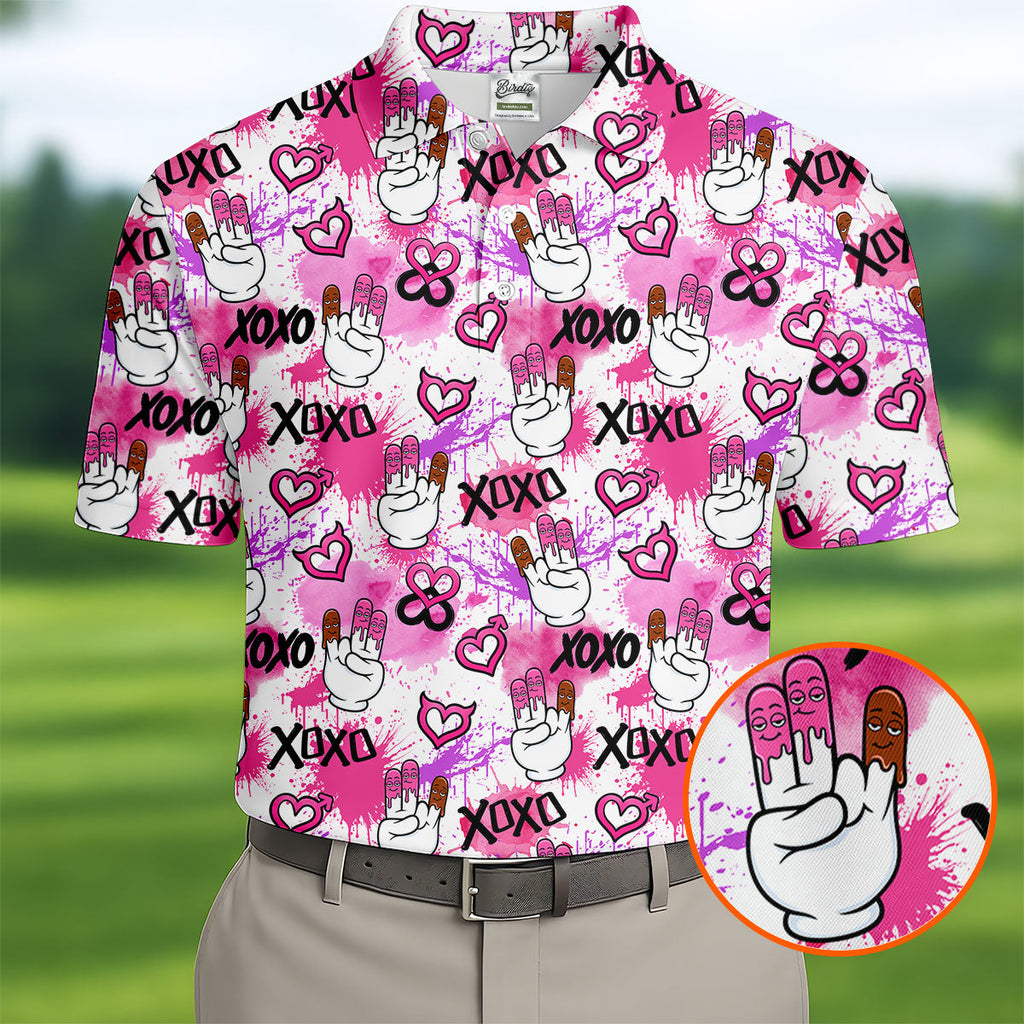 Chocolate Fingers Adult Humor XOXO Pink Splatter Fun Golf Shirts For Men, Valentines Golf Gift, Polo Shirts For Men