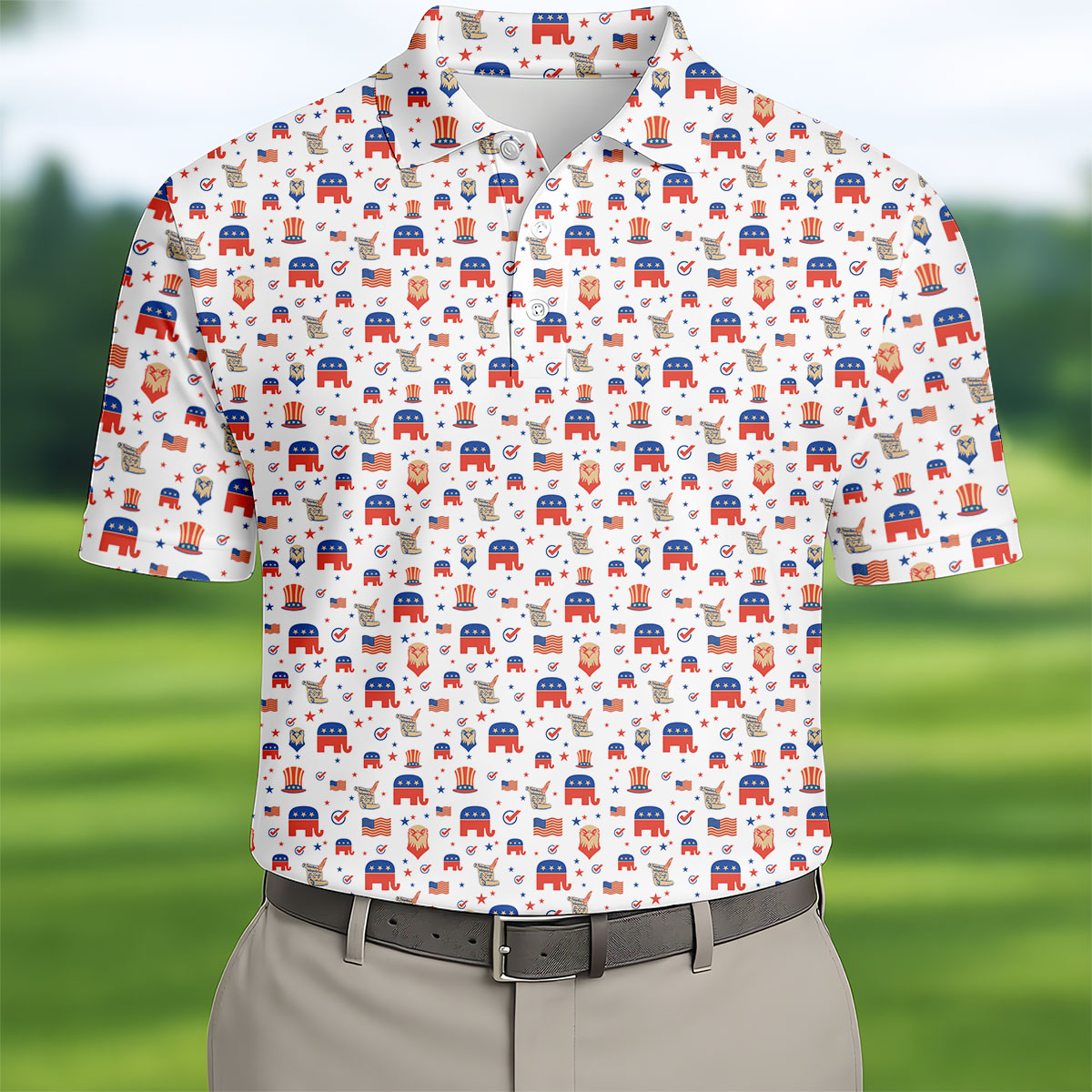 US Bald Eagle Political Elephant 250th Anniversary White Golf Shirt, Patriotic 4th Of July Golf Shirts For Men