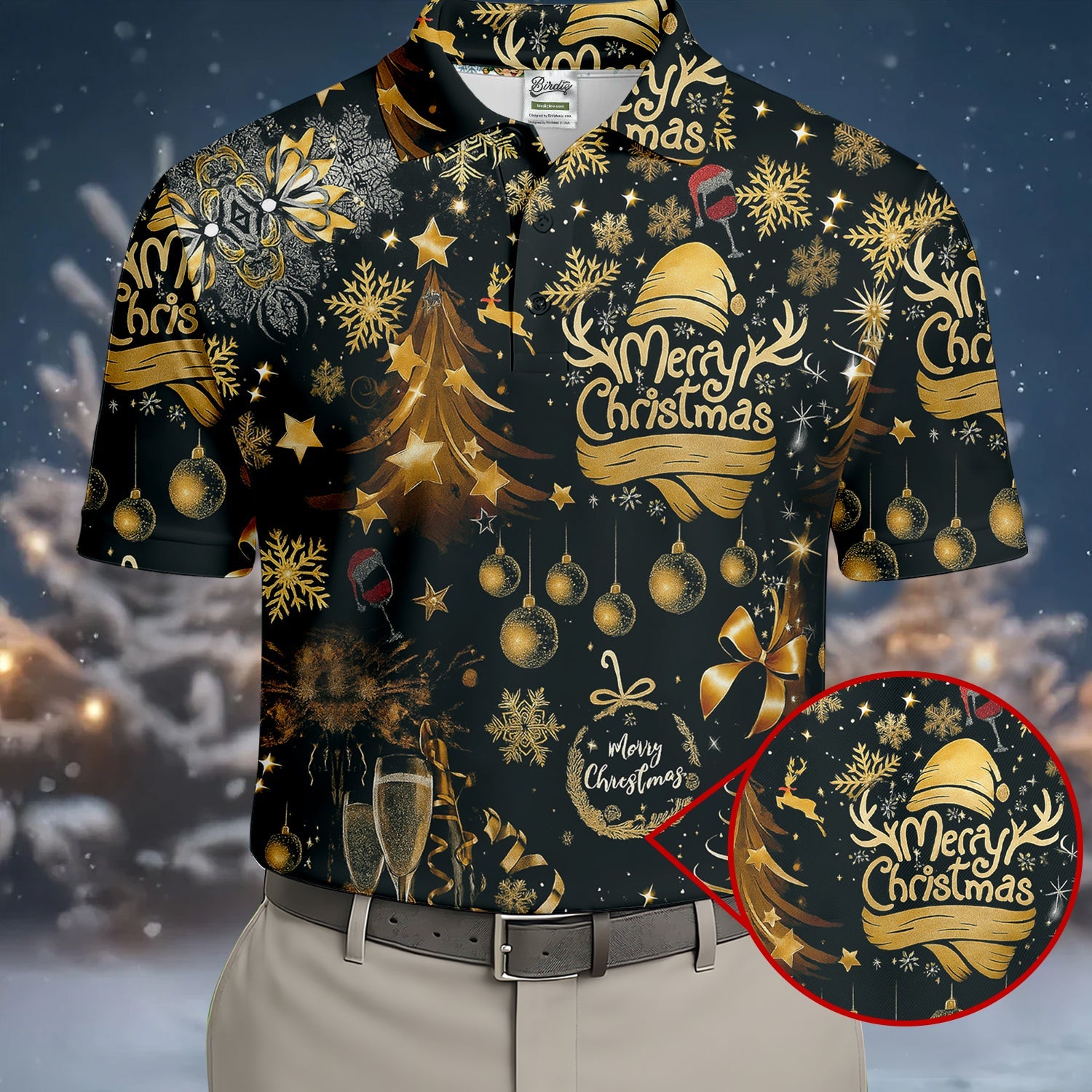 Champagne Golden Merry Christmas Men's Golf Polo Shirts, Christmas Golf Shirt, Golf Gift For Men