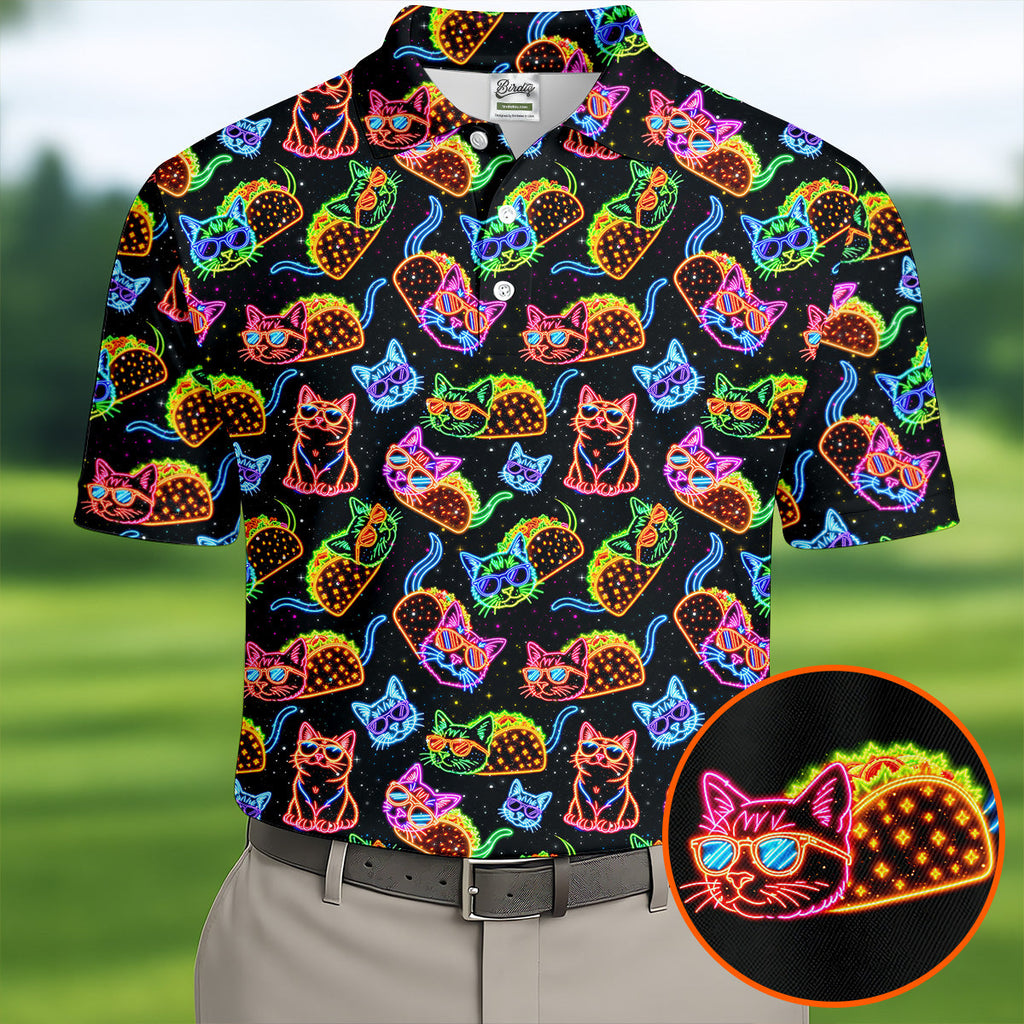 Neon Cats Tropical Vibe Golf Tops For Men, Cute Golf Outfit, Golf Shirts For Men, Polo Shirts For Men