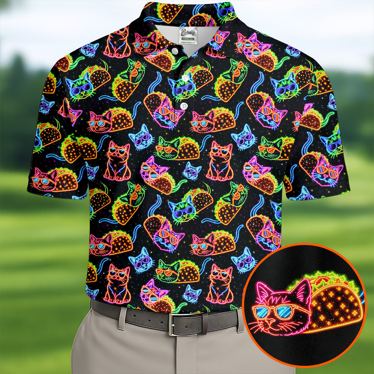 Neon Cats Tropical Vibe Golf Tops For Men, Cute Golf Outfit, Golf Shirts For Men, Polo Shirts For Men