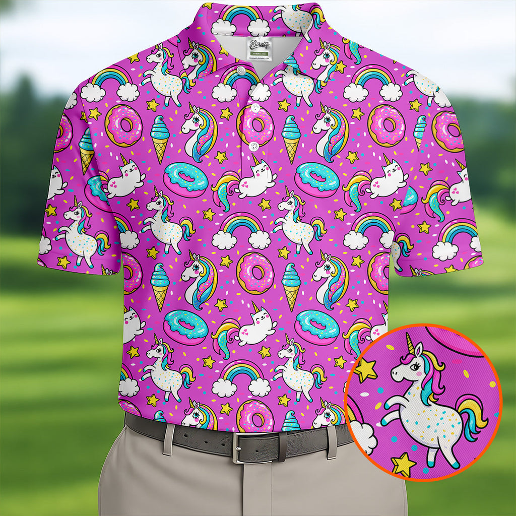Funny Pink Donut Unicorn Mens Golf Shirts, Polo Shirts For Men, Cute Golf Outfit, Golfing Apparel