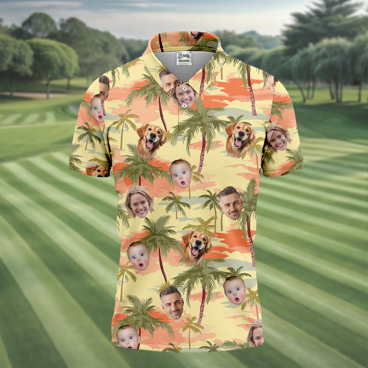 Yellow Sunset Hawaiian Shirt With Face, Men Golf Polo, Matching Hawaiian Outfits, Long Sleeve Polo