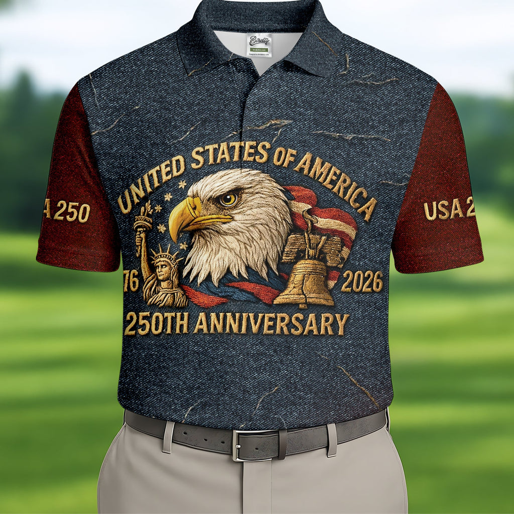 250th Anniversary American Flag And Eagle Denim Color Golf Tops For Men, Patriotic Golf Shirt, Golf Shirts For Men