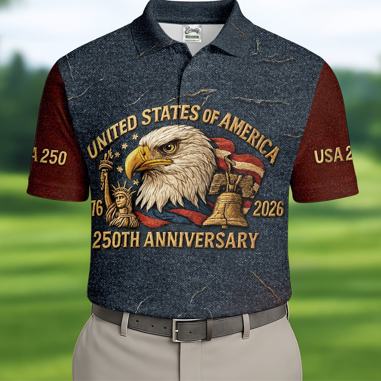 250th Anniversary American Flag And Eagle Denim Color Golf Tops For Men, Patriotic Golf Shirt, Golf Shirts For Men