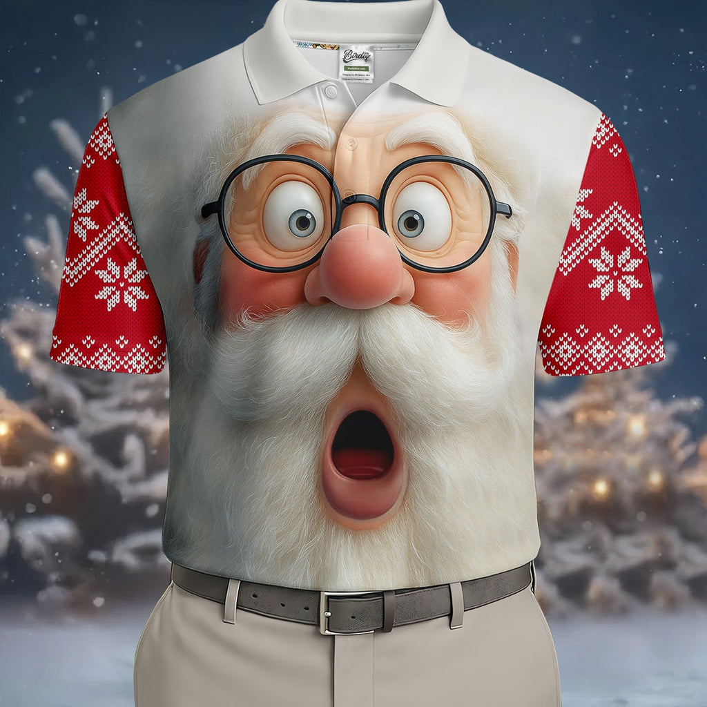 Surprised Funny Santa Claus Face Men's Golf Polo Shirts, Christmas Golf Shirt, Golf Gift For Men
