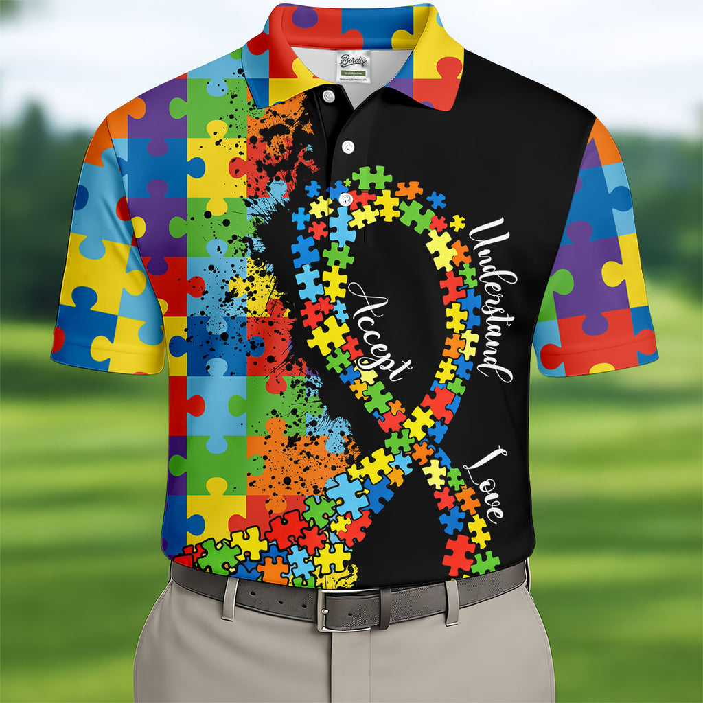 Accept Love Understand Autism Awareness Colors Autism Ribbon Golf Tops For Men, Golf Shirts For Men