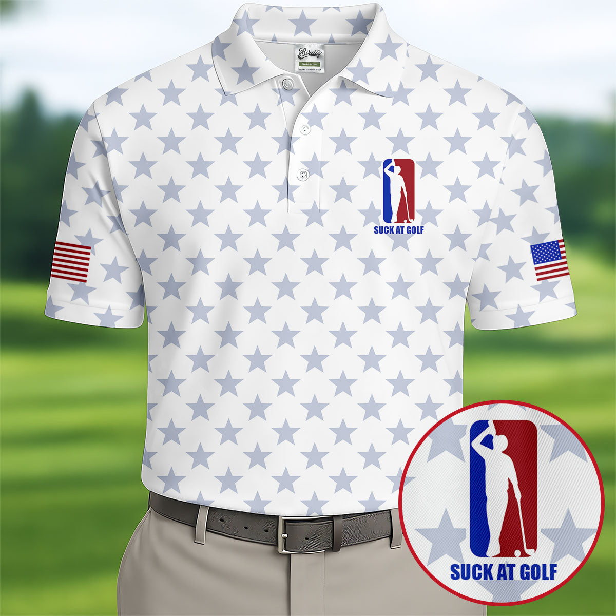 Suck At Golf Patriotic 4th Of July Stars Pattern White Golf Shirt, 250th Anniversary Golf Shirts For Men