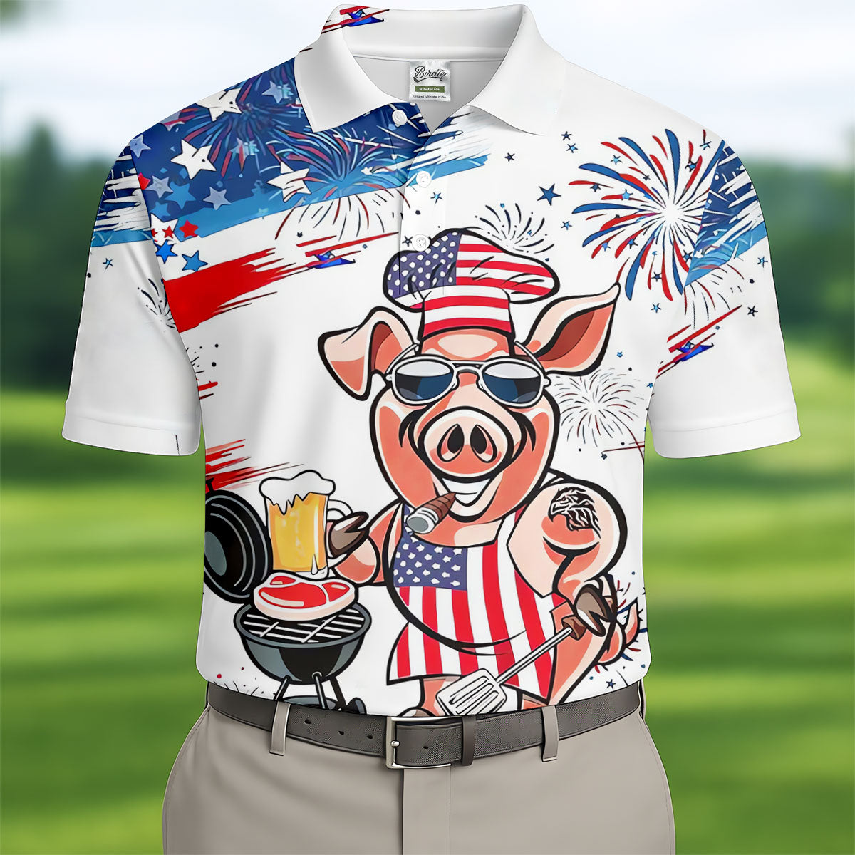 Patriotic American Flag Funny BBQ 250th Anniversary Polo Shirts For Men, Golf Shirts For Men