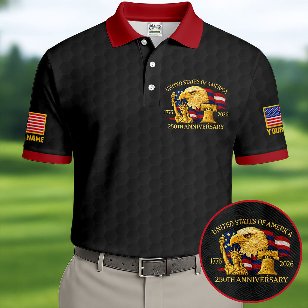 United States 250th Anniversary Patriotic Eagle Black Custom Golf Shirts, 4th Of July Golf Shirts For Men