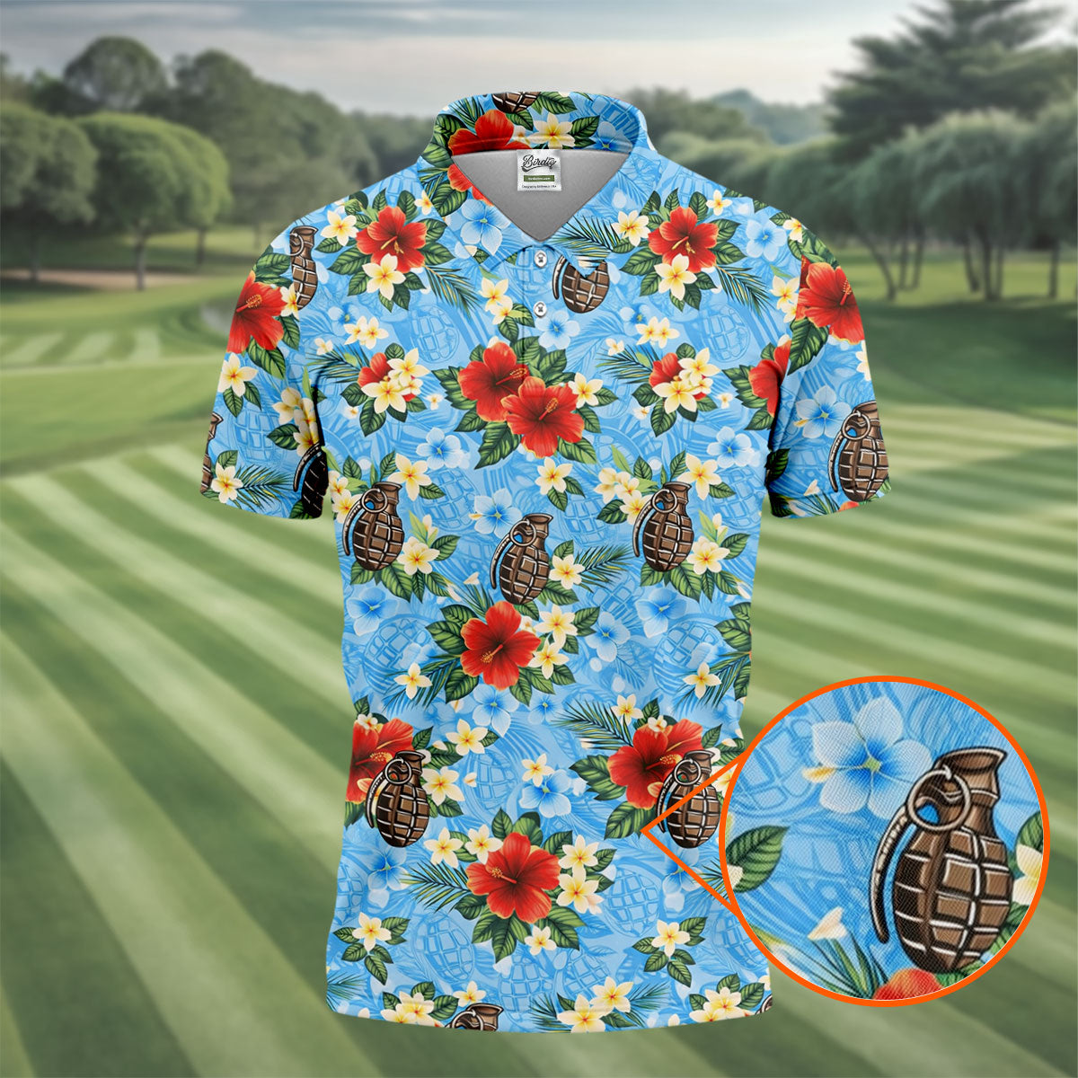 Floral Pattern Army Theme Hawaiian Blue Golf Shirt, Men's Golf Polo Shirts, Golf Shirts For Men