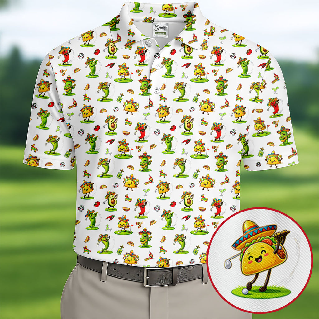 Mexican Cartoon Food Characters Cinco De Mayo Celebration Fiesta Themed White Golf Shirts For Men