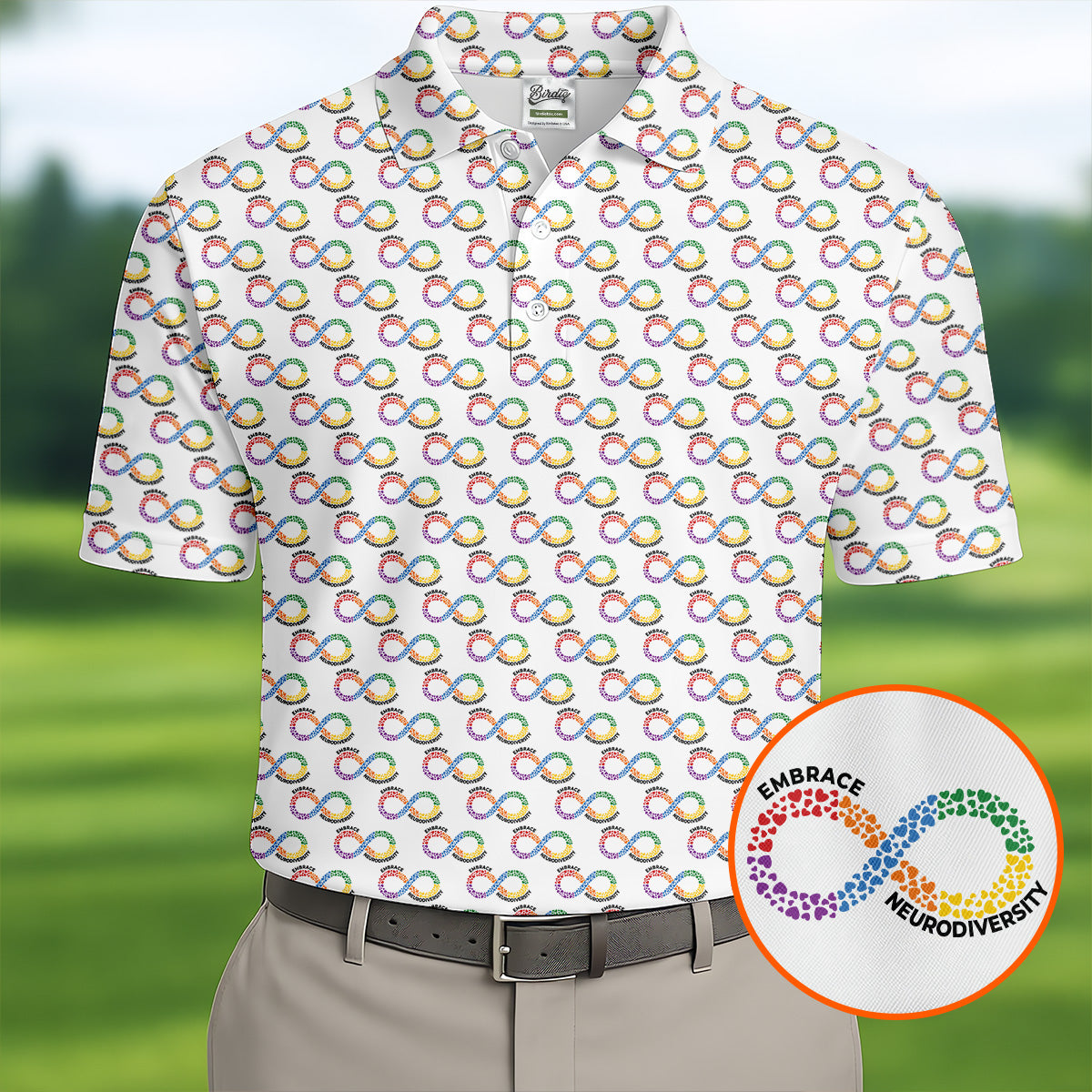 Embrace Neurodiversity Rainbow Infinity Symbol Autism Awareness White Golf Shirt, Golf Shirts For Men
