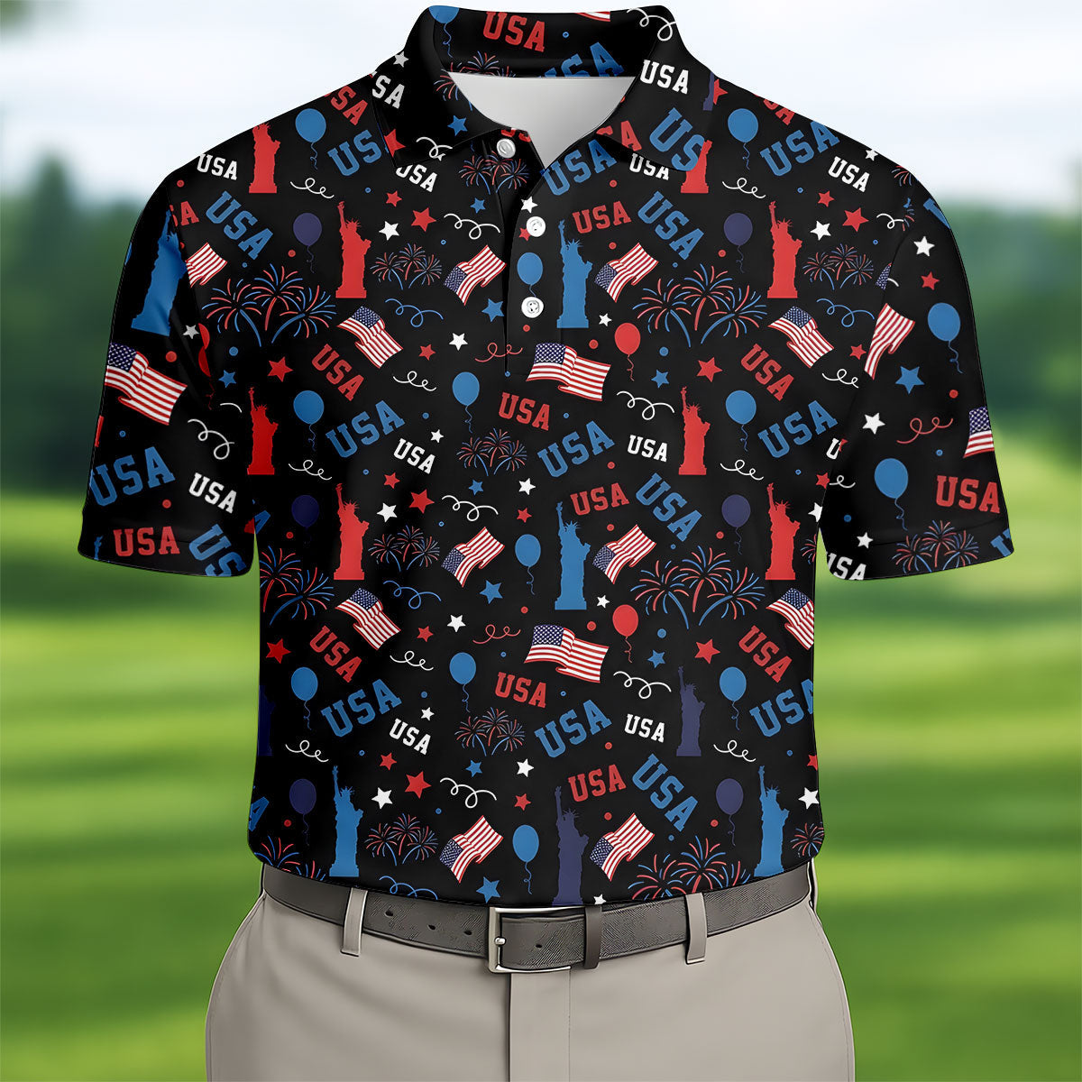 USA Red White Blue Seamless Pattern Black Golf Shirt, 250th Anniversary Patriotic 4th Of July Golf Shirts For Men