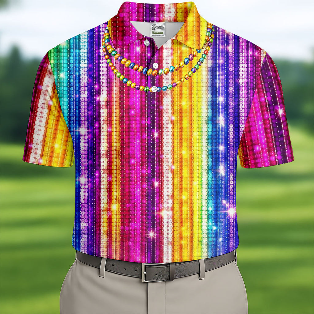 Mardi Gras Sequinned Glitter Print Golf Tops For Men, Polo Shirts For Men, Golf Shirts For Men
