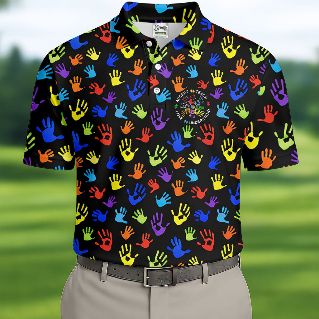 Accept Teach Understand Love Autism Awareness Colorful Handprint Black Golf Shirt, Golf Shirts For Men