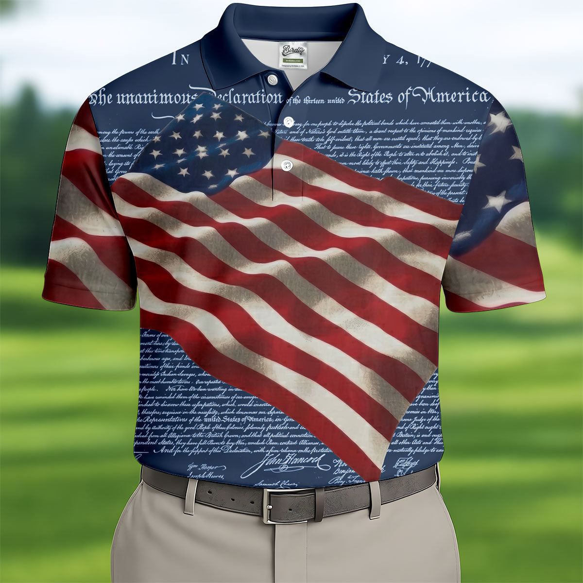 Patriotic American Flag Declaration Of Independence 4th Of July Navy Golf Shirt, 250th Anniversary Polo ShirtFor Men
