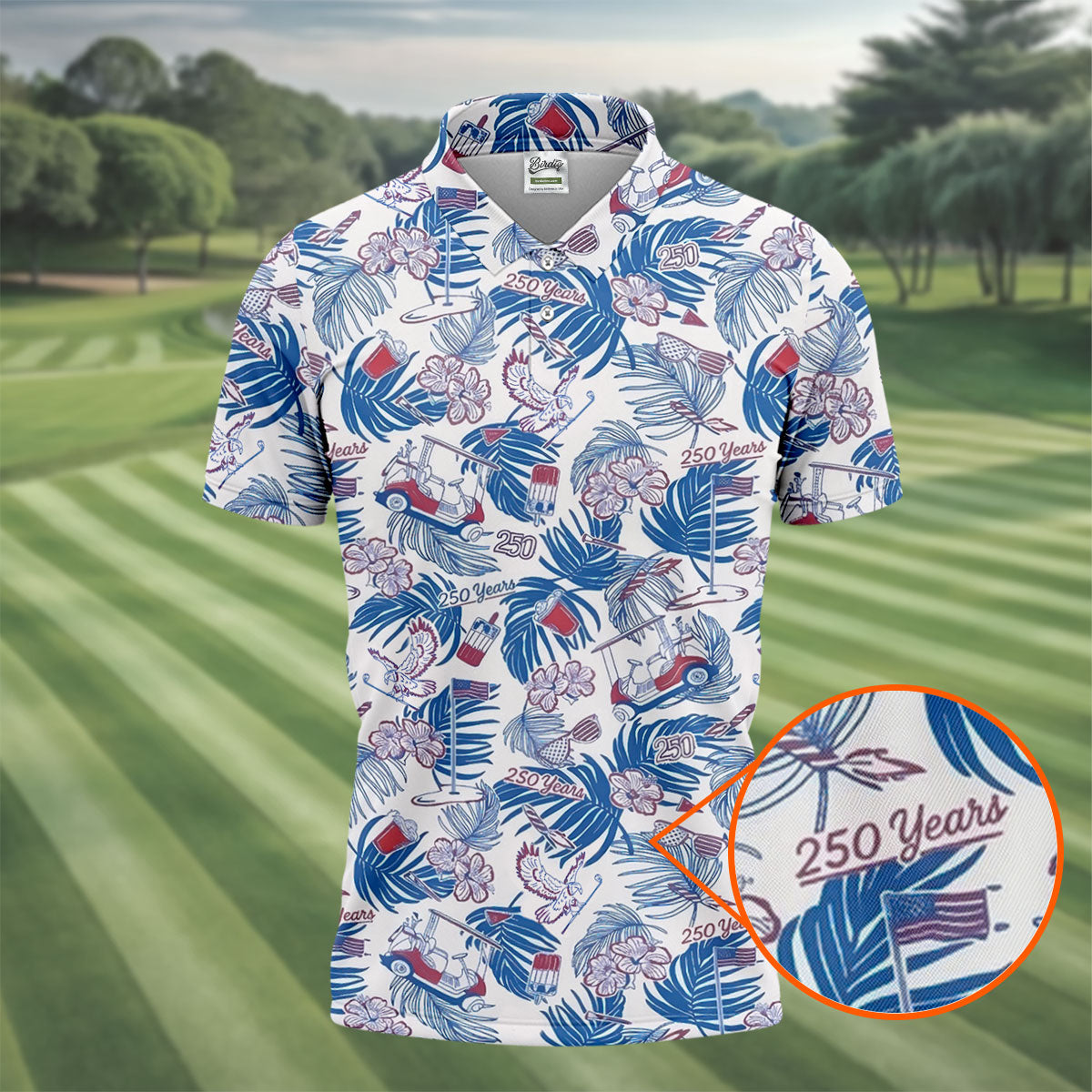250 Years Red White Blue Tropical Floral Patriotic Golf Shirt, 4th Of July Golf Shirts For Men