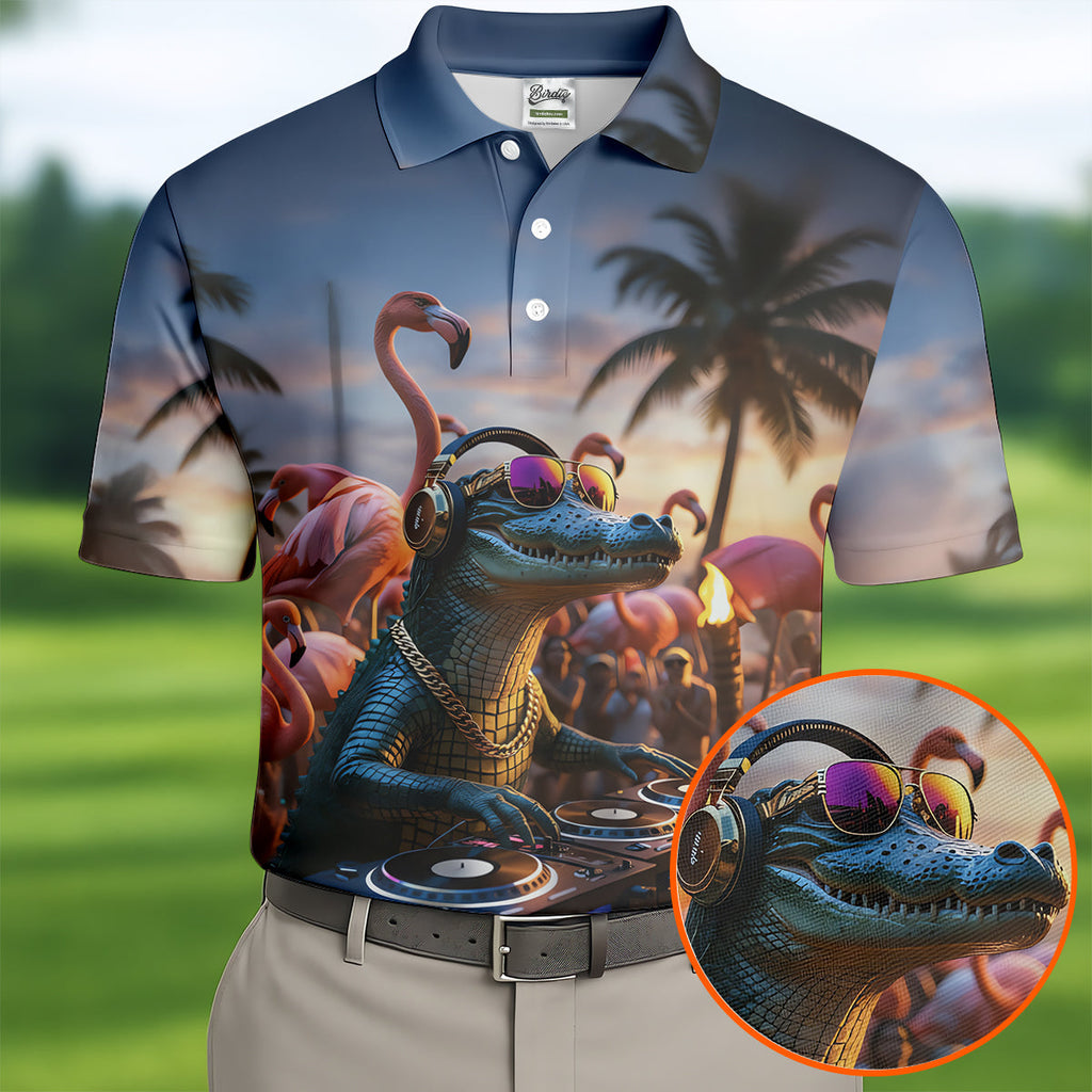 Funny Crocodile DJ Mardi Gras Festival Flamingo Golf Shirt, Polo Shirts For Men, Golf Shirts For Men