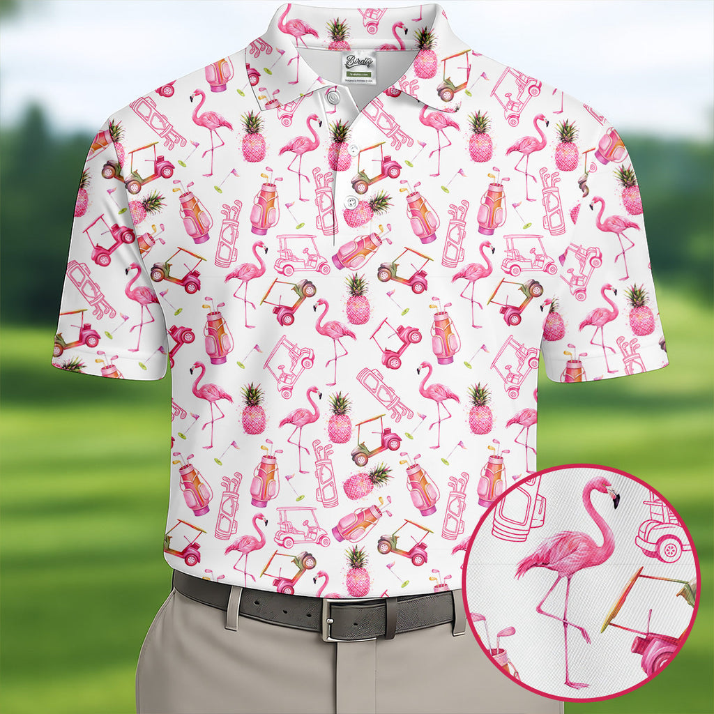 Funny Flamingo Pink Pineapple Tropical Vibe Golf Tops For Men, Men's Funny Golf Shirts, Polo Shirts For Men
