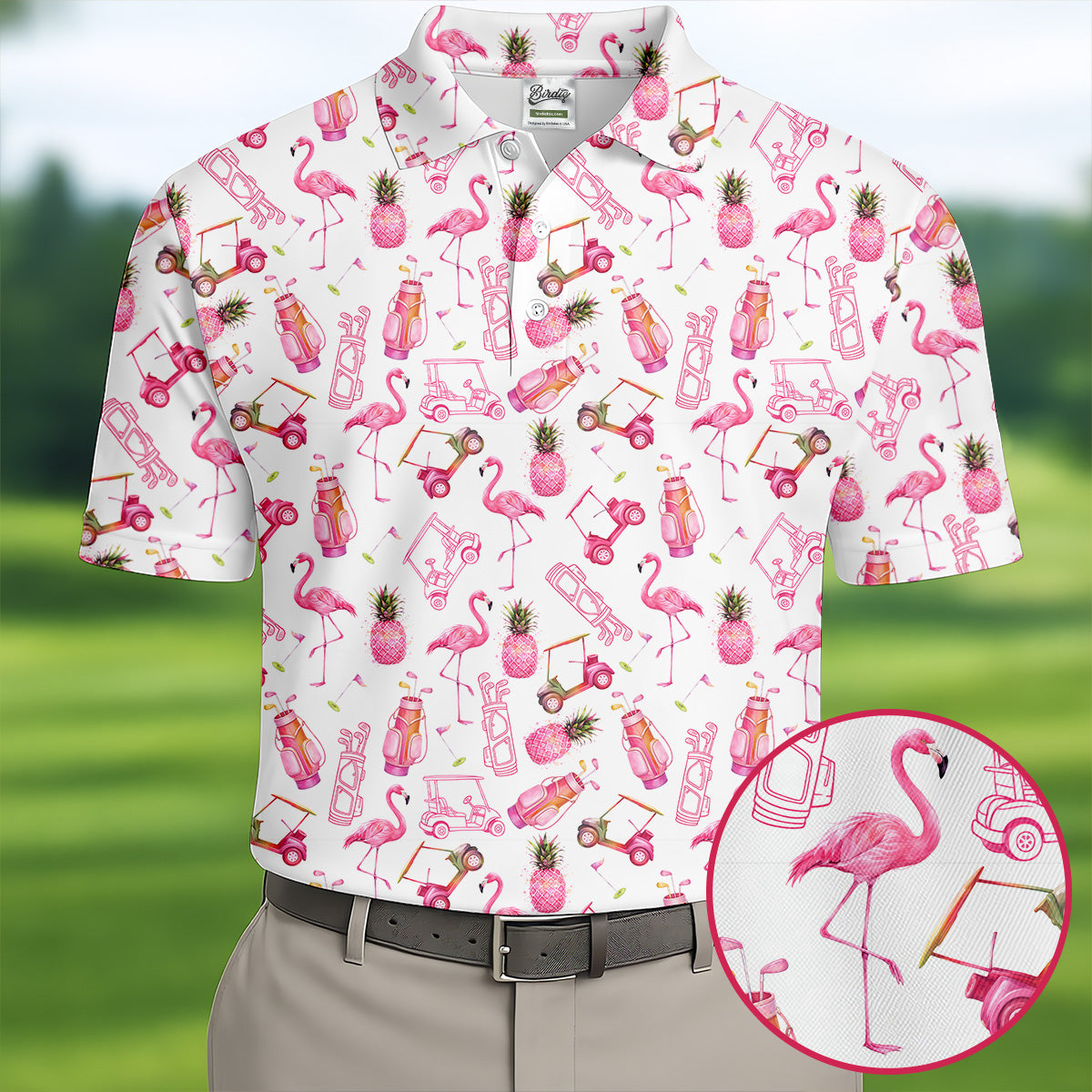 Funny Flamingo Pink Pineapple Tropical Vibe Golf Tops For Men, Men's Funny Golf Shirts, Polo Shirts For Men