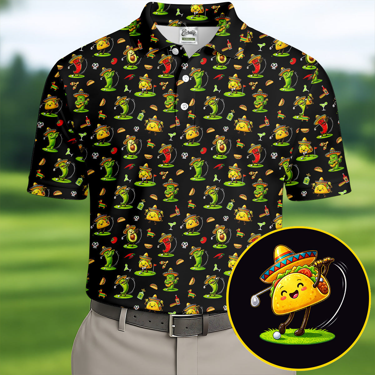 Mexican Cartoon Food Characters Cinco De Mayo Celebration Fiesta Themed Black Golf Shirts For Men