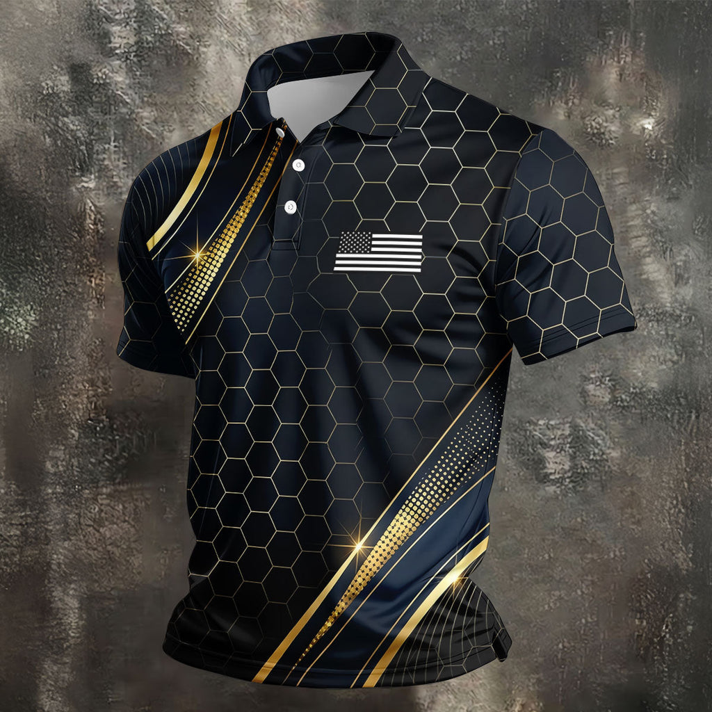 Gold Hexagonal US Flag Logo Retro Golf Shirt, 250 Years Patriotic 4th Of July Golf Shirts For Men