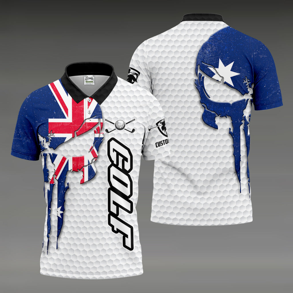 Cool Skull Golf Ball Pattern Australia Flag Print White Golf Shirt, Polo Shirts For Men