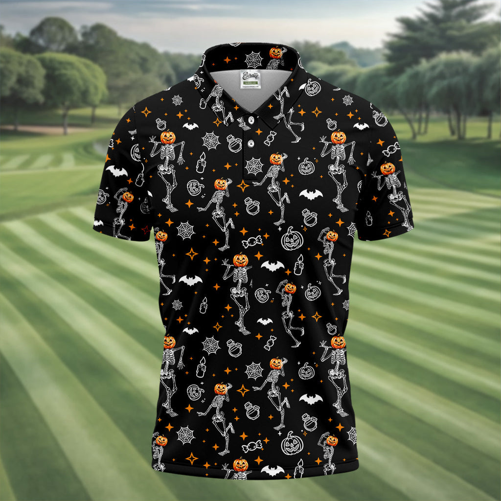 Skeleton Black Golf Shirt, Halloween Golf Shirt, Fun Golf Polos, Men's Long Seeve Golf Shirts, Golf Gifts For Men
