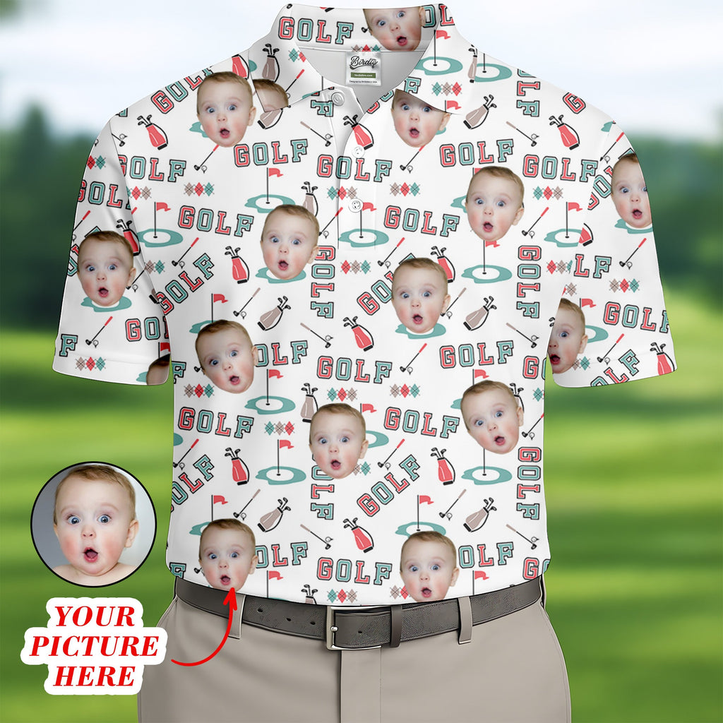 Custom Kid Face Photo, Funny Polo Golf Shirt, Gifts For The Golfing Dad, Christmas Golf Gift