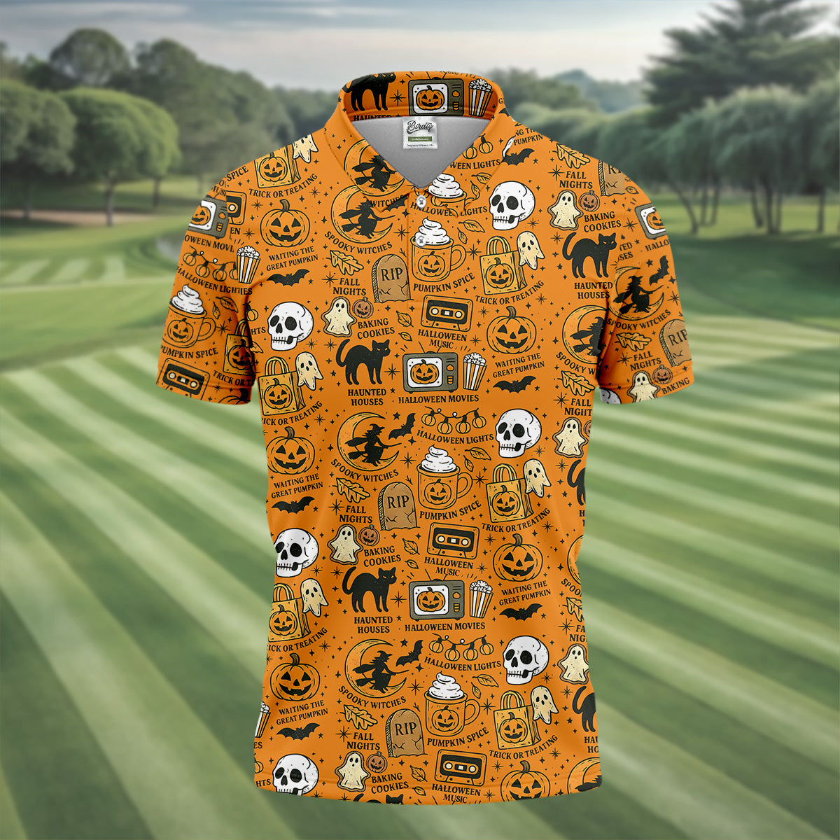 Orange Halloween Cat Golf Polo Shirt Halloween Theme Shirts, Mens Golf Polo Shirt Golfing Apparel