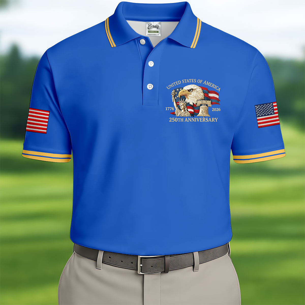 Bald Eagle American Flag 250 Years Blue Golf Shirt, Patriotic 4th Of July Golf Shirts For Men