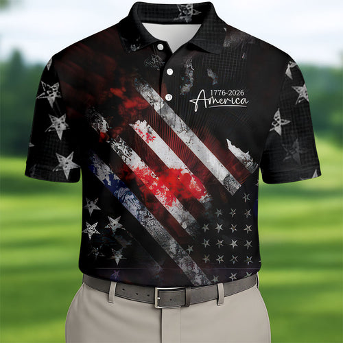 1776-2026 America Distressed Flag Black Golf Shirt, Patriotic 4th Of July Golf Shirts For Men