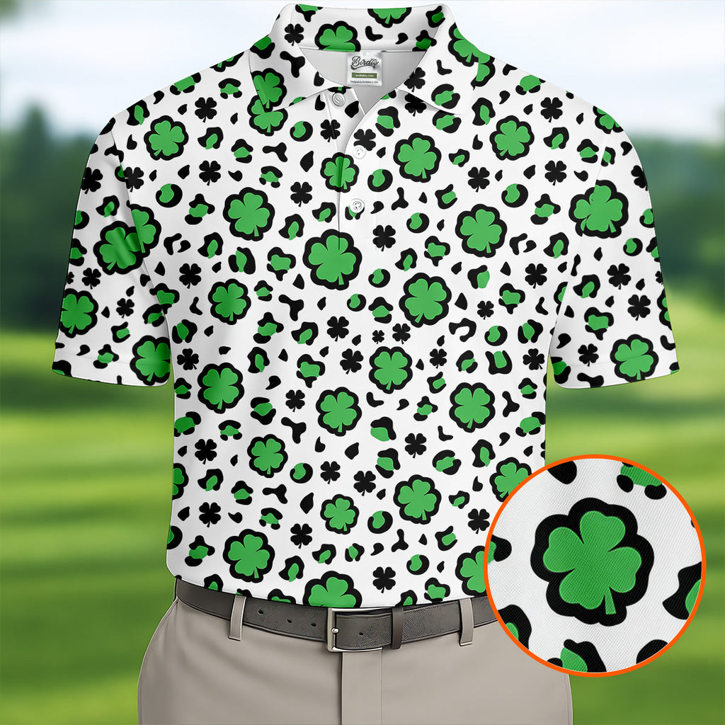 Lucky Four Leaf Clover Leopard Pattern St Patrick's Day Golf Shirt, Polo ShirtFor Men, Golf Shirts For Men