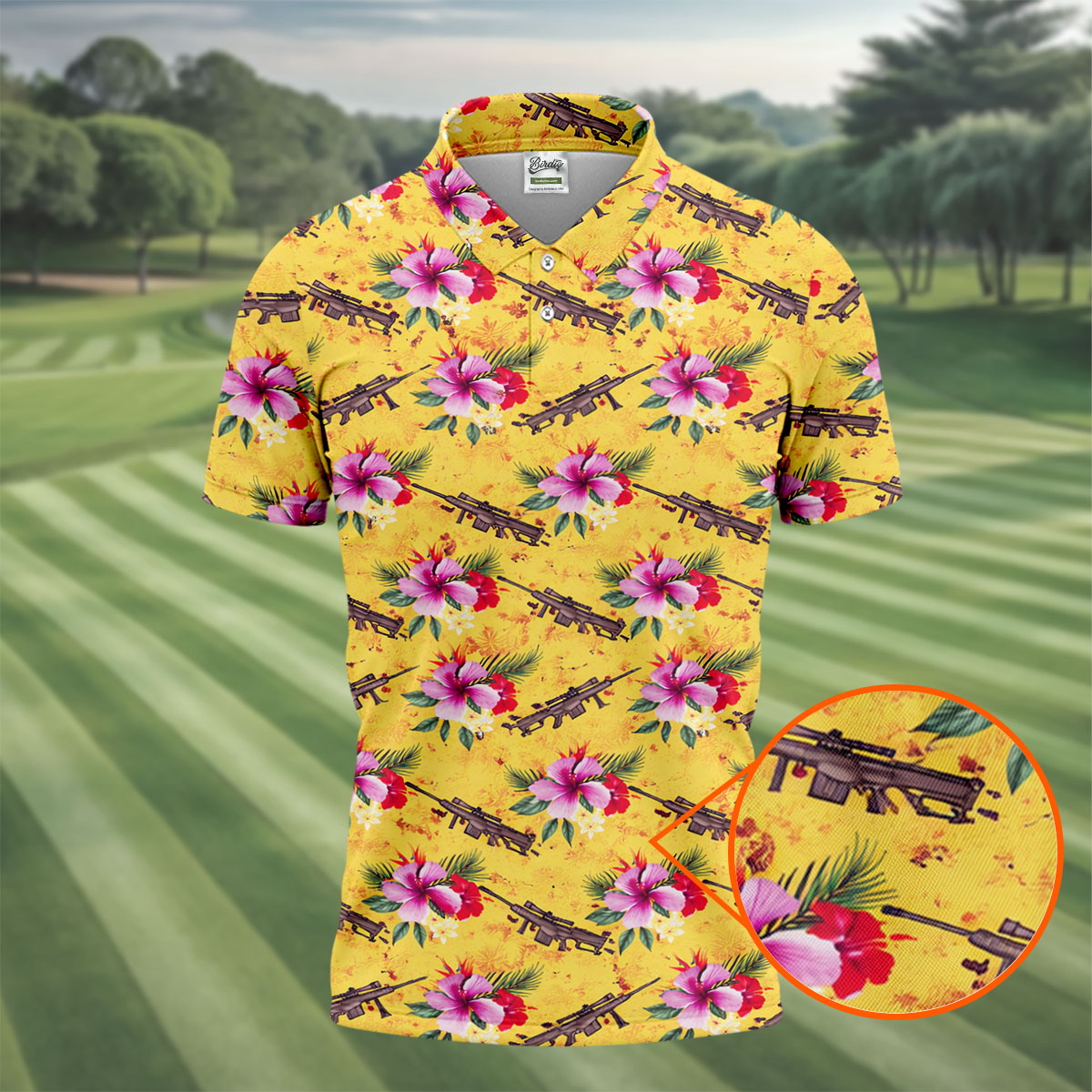 Floral Pattern Army Theme Hawaiian Yellow Golf Shirt, Men's Golf Polo Shirts, Golf Shirts For Men