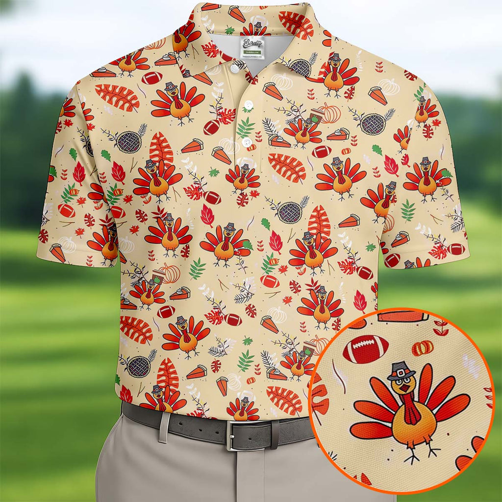 Funny Turkey Hawaiian Pattern Thanksgiving Golf Tops For Men, Fun Golf Shirts For Men, Polo Shirts For Men