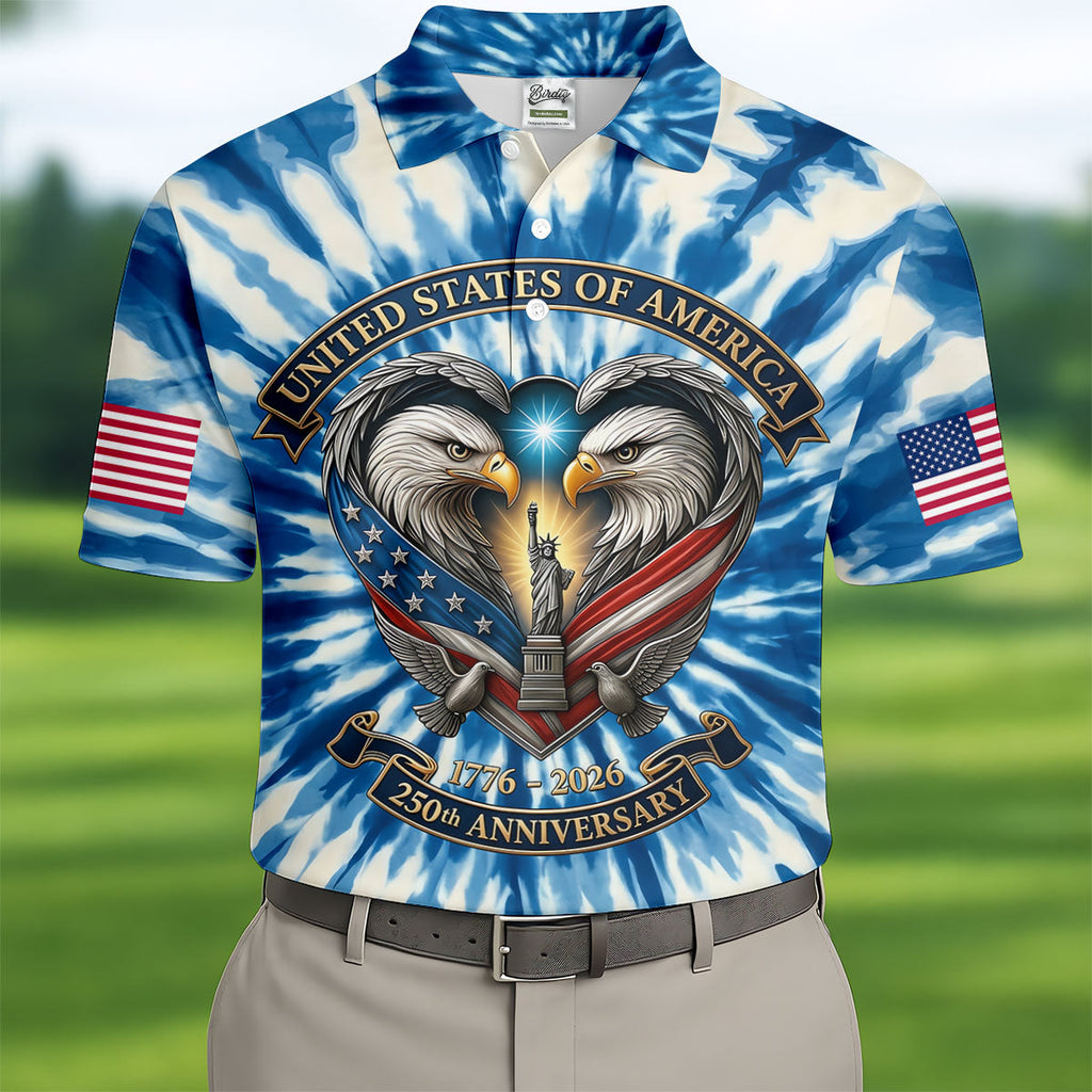 USA 250th Anniversary Tie Dye Print Bald Eagle Golf Shirt, Patriotic 4th Of July Golf Shirts For Men