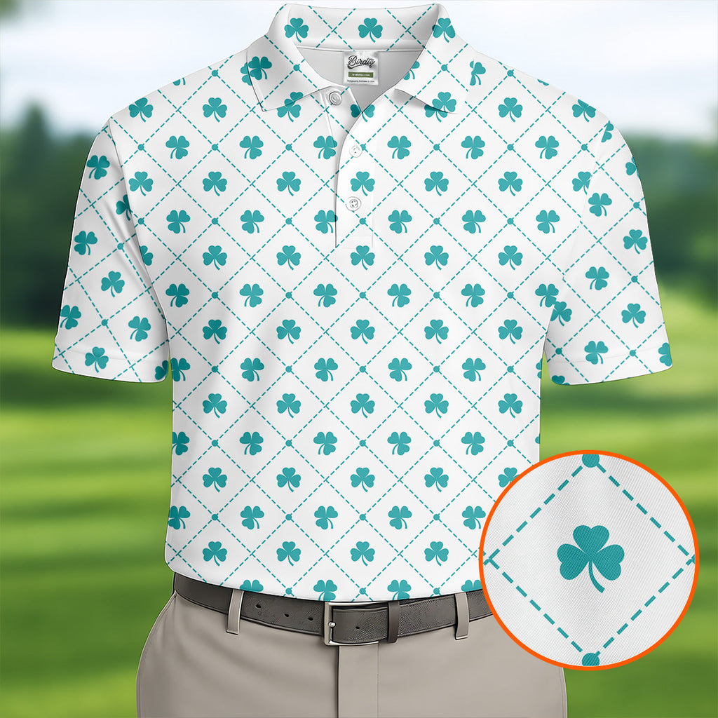 Grid Pattern Shamrock Golf Shirt, St Patrick's Day Golf Tops For Men, Golf Shirts For Men, Polo ShirtFor Men