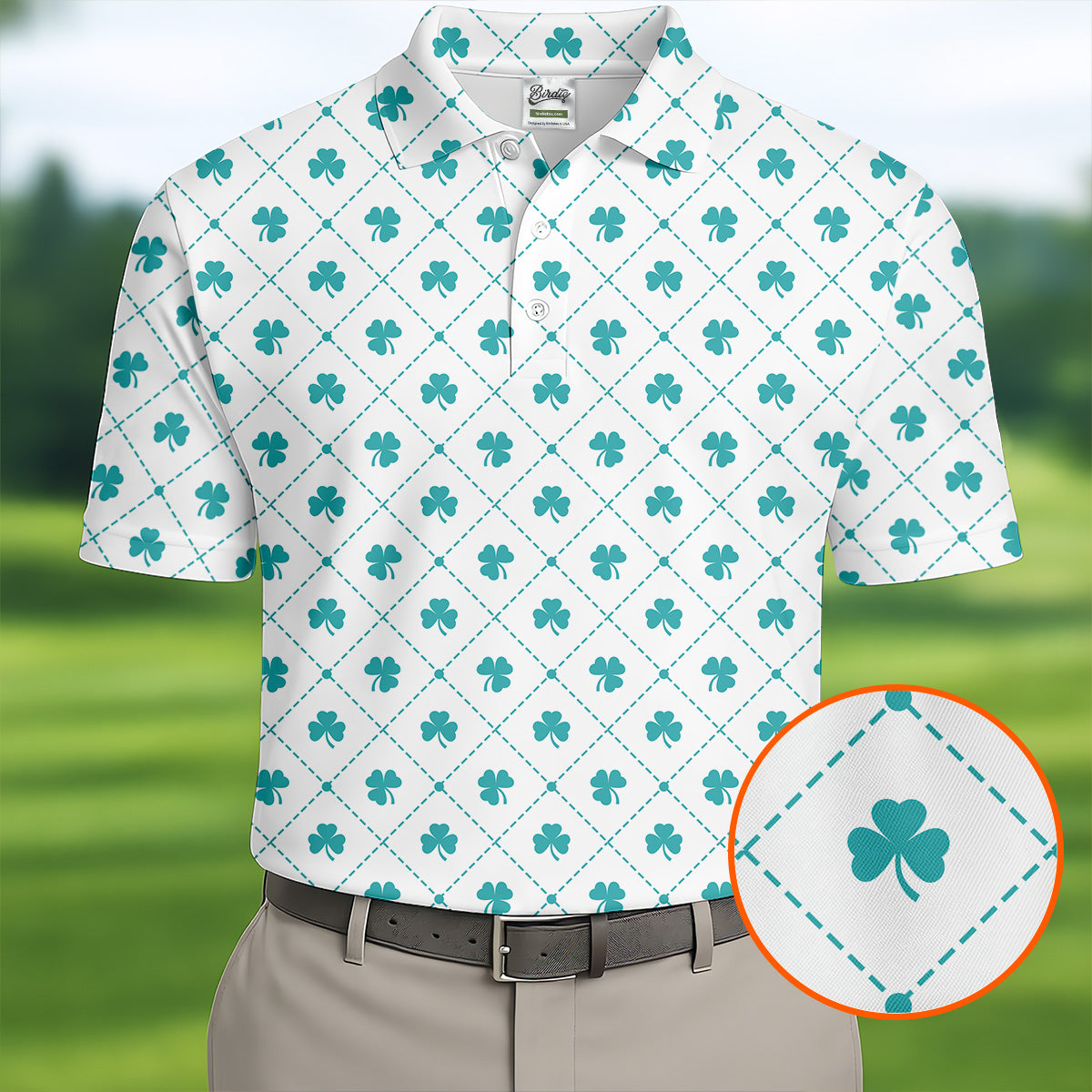 Grid Pattern Shamrock Golf Shirt, St Patrick's Day Golf Tops For Men, Golf Shirts For Men, Polo ShirtFor Men