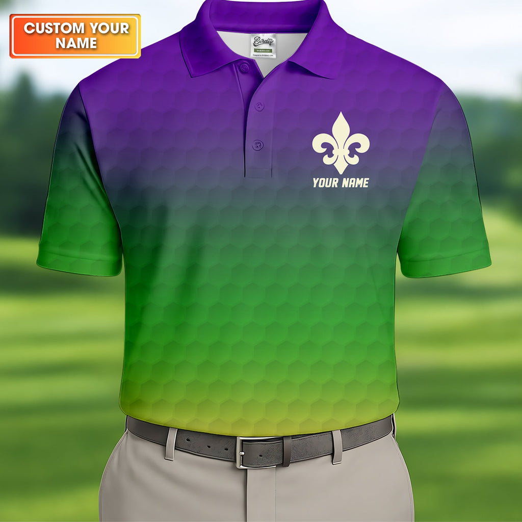 Purple Green Gold Golf Ball Pattern Mardi Gras Golf Shirt, Golf Tops For Men, Polo ShirtFor Men