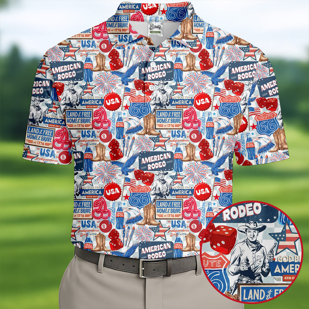 American Rodeo Western Theme Patriotic 4th Of July Golf Shirt, 250th Anniversary Golf Shirts For Men