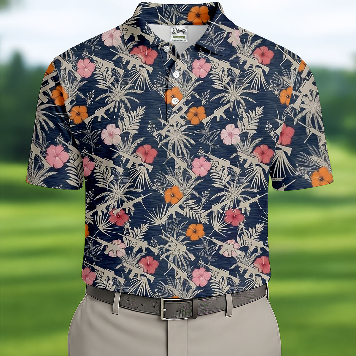 Hawaiian Hibicus Military Theme Navy Golf Shirt, Golf Shirts For Men, Polo Shirts For Men