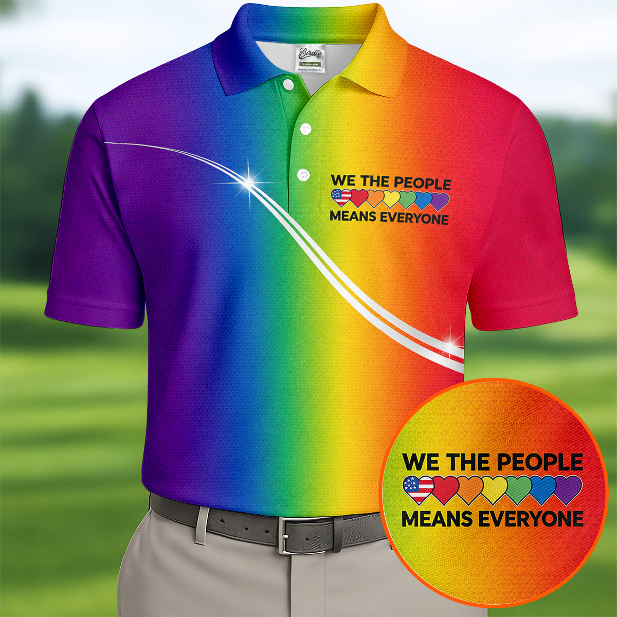 We The People Means Everyone LGBT Rainbow Gradient Golf Tops For Men, Pride Month Golf Shirts For Men